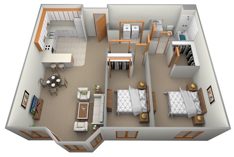 Floor plan for 2 beds, 1 bath, 980 sqft